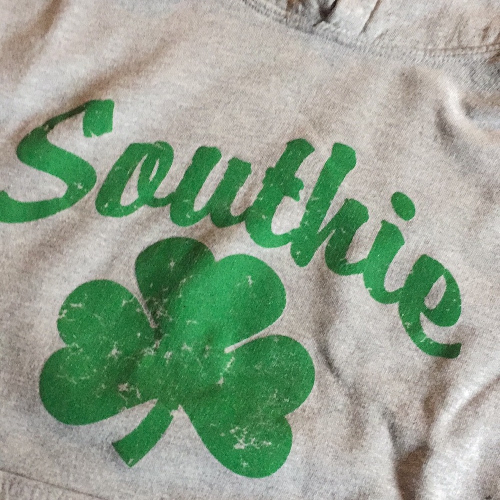 Gray Southie hoodie with three leaf clover